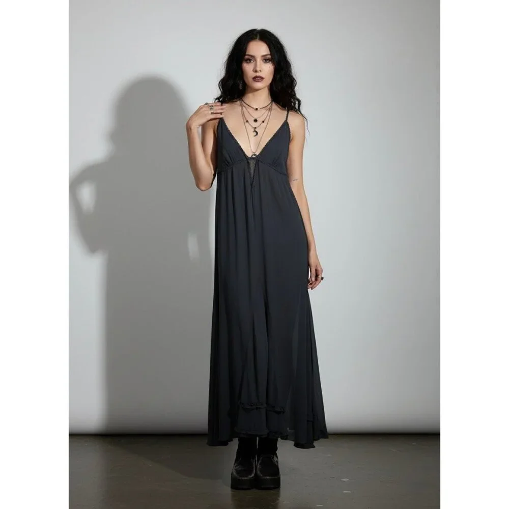 RARE Vtg NWT Free People Gray Lace Crochet Maxi Slip Dress | Whimsigoth Boho M - Picture 16 of 16